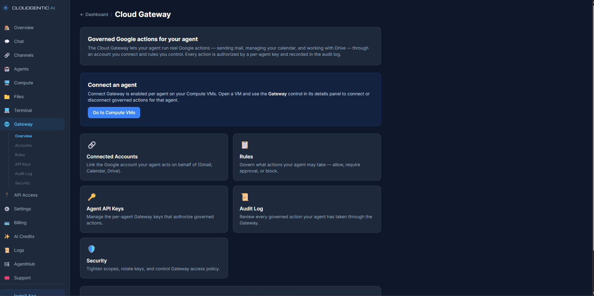 CloudGentic Cloud Gateway dashboard — connected accounts, rules, API keys, audit log