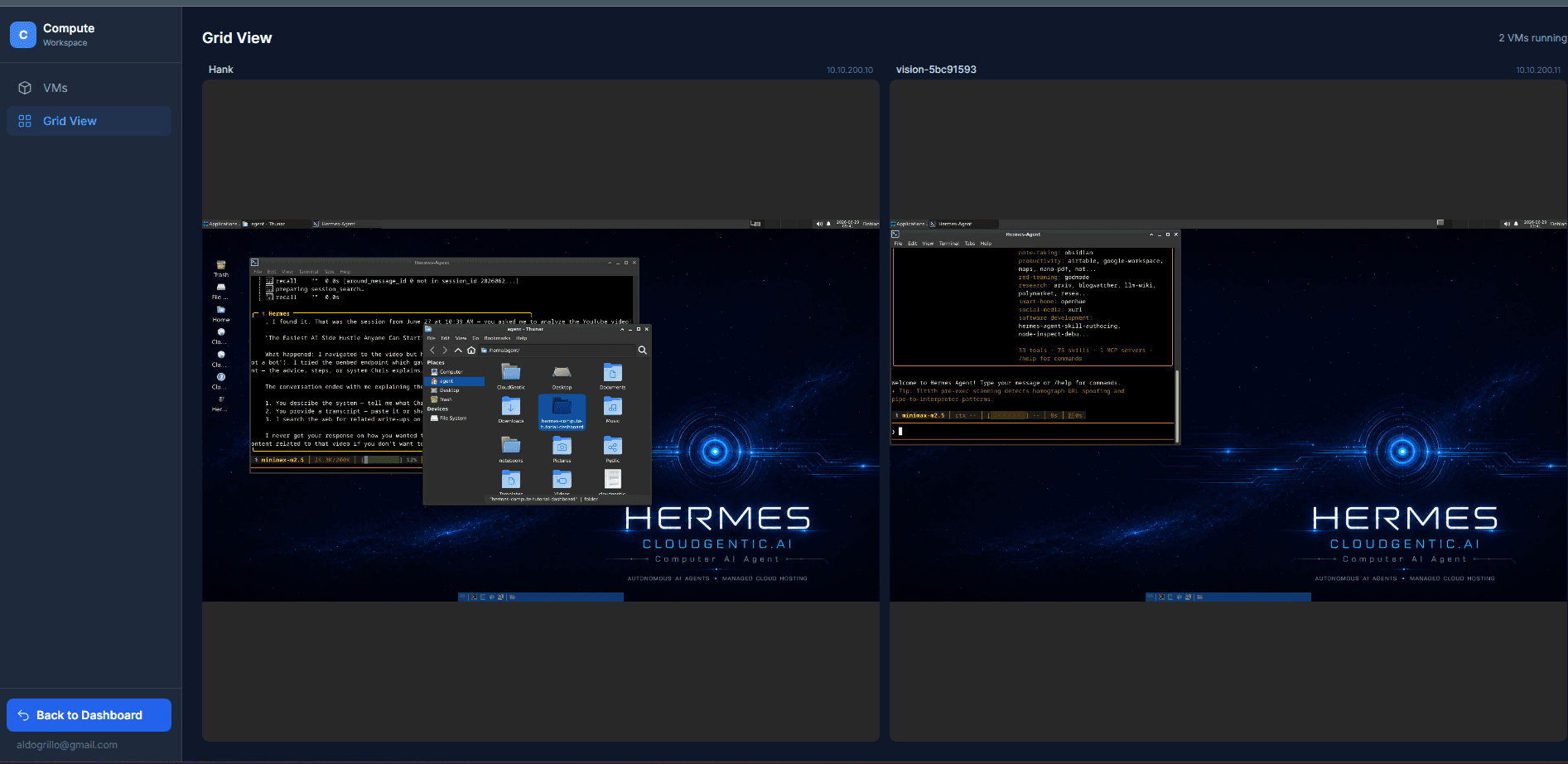 Grid View showing two AI agent VM desktops running side by side