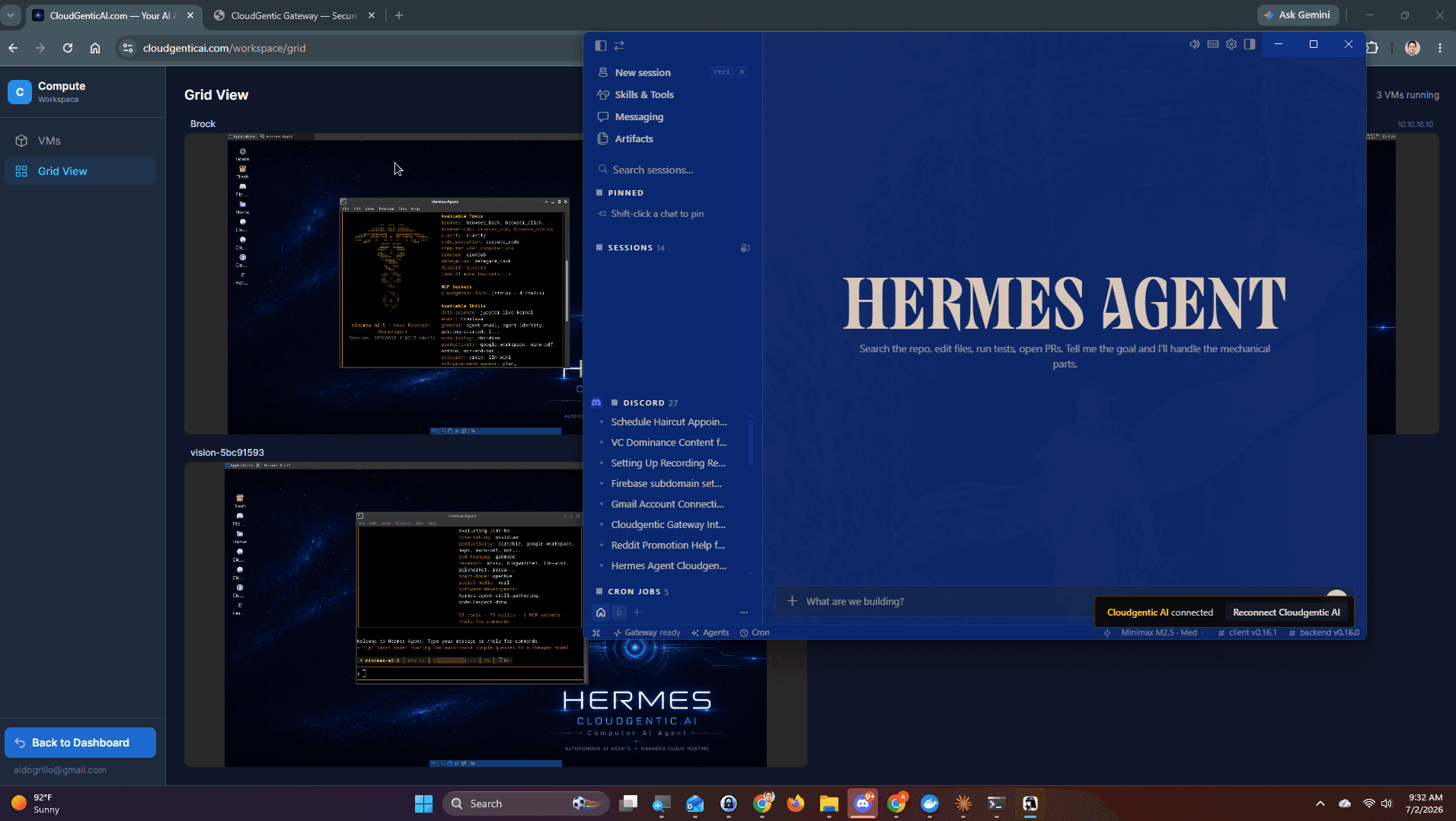 Hermes Agent desktop and chat interface running in the CloudGentic cloud