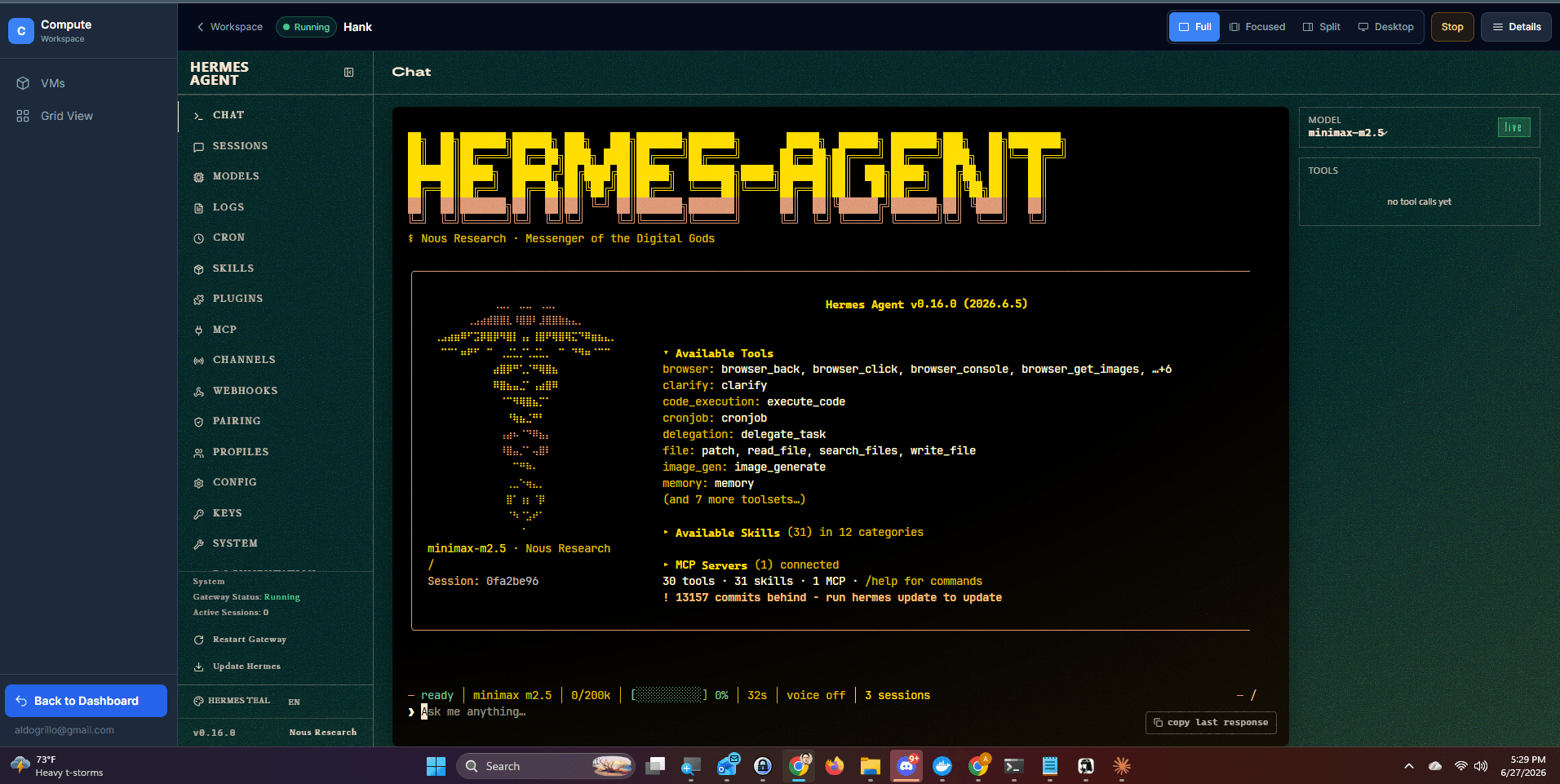 Hermes agent web interface running inside the CloudGentic Workspace